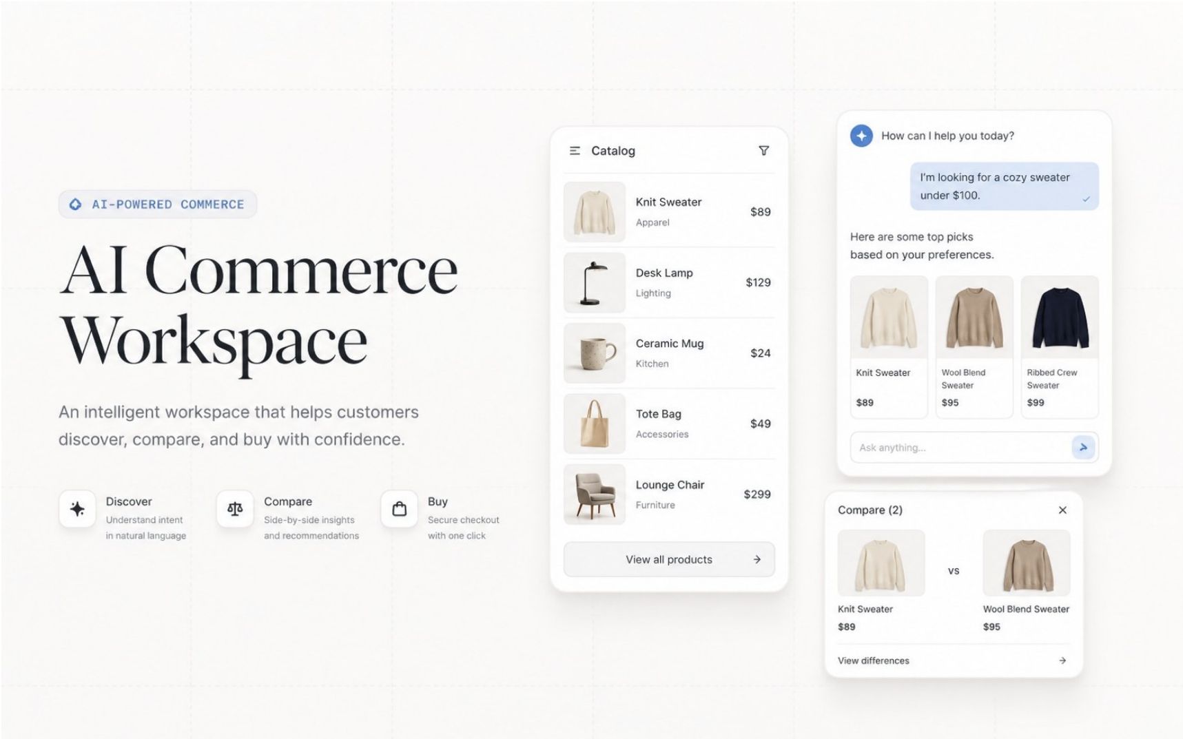 Illustration av ett AI-handelsgränssnitt som visar katalog, chatbot och produktjämförelsefunktioner
